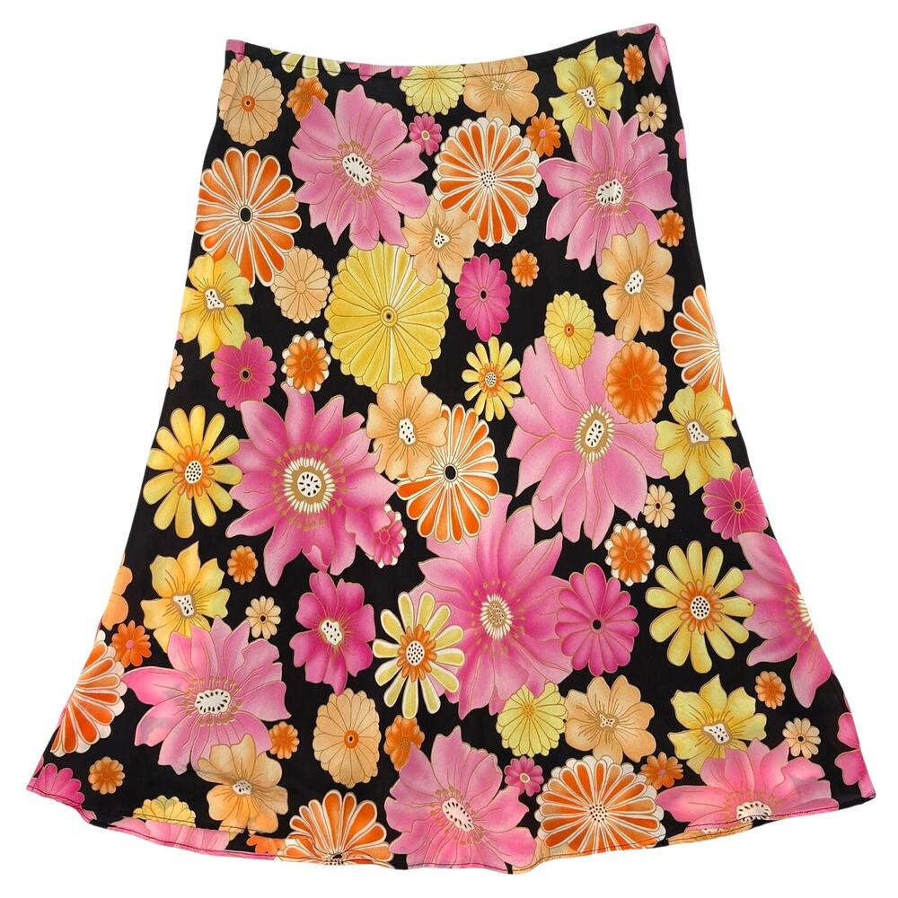 Floral A-Line Skirt Retro Print Black Pink Yellow Midi Groovy Euro Summer